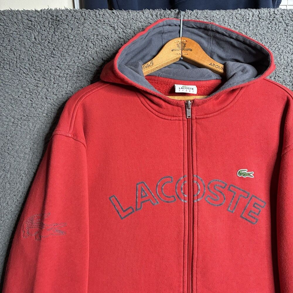 LACOSTE Sport Y2K Full Zip Drawstring Red Sweatshirt Hoodie Mens Sz 5 (Large)